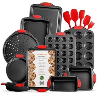 onpanas Baking Pans Set 15 Piece Premium Baking Set Nonstick Bakeware Sets BPA Free Cookie Sheets for Baking Nonstick Set Steel Baking Sheets for Oven with Muffin Pan Cake Pan Kitchen Utensils Black