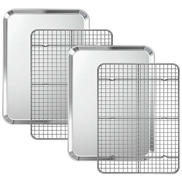Deedro Baking Sheet with Cooling Rack Set 2 Sheets 2 Racks Stainless Steel Cookie Half Sheets Baking Pan Oven Tray with Rack 16 x 12 x 1 Inch Heavy Duty Nontoxic Dishwasher Safe