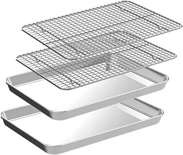 CEKEE Half Sheet Pans with Rack Set 2 Pans 2 Racks Stainless Half Size Large Baking Sheets with Rack 18 Inch Baking Tray Set Rust Warp Resistant Heavy Duty Large Cookie Sheet