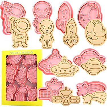 Crethinkaty Space Cookie Cutter8 Plastic Cookie StampSpace Cartoon Fun Cookie Cutter Set Childrens Baking Set