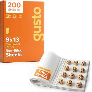 GUSTO 9 x 13 Inch 200 Count PreCut Parchment Paper Baking Sheets NonStick Unbleached Parchment Paper Sheets for Baking Cooking White Formerly Comfy Package