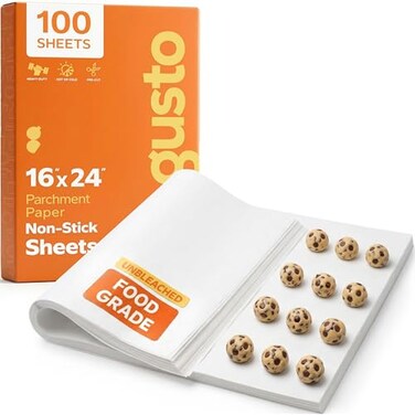 GUSTO 16 x 24 Inch 100 Count PreCut Parchment Paper Baking Sheets NonStick Unbleached Parchment Paper Sheets for Baking Cooking White Formerly Comfy Package