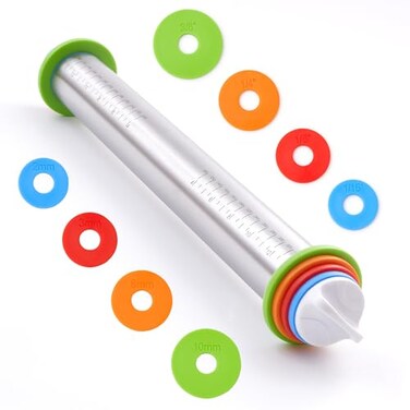 Fulimax Rolling Pin with Thickness Rings 17 Adjustable Stainless Steel Rolling Pins for Baking Dough Roller for Fondant Pizza Pie Pasta Cookies Cakes Kitchen Baking Supplies