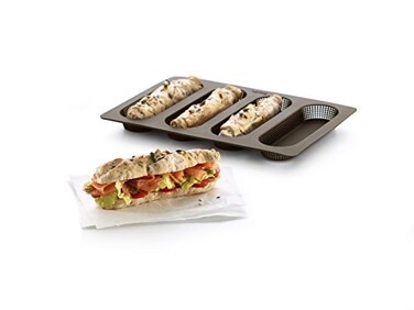 Lekue 4 Cavity Micro Perforated Mini Baguette Baking Pan Brown