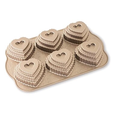 Nordic Ware Cast Bundt Bakeware Tiered Heart Cakelets Toffee 3Cup