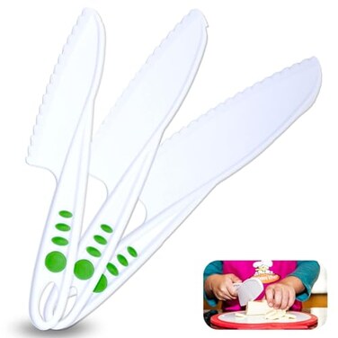 Curious Chef Kid Safe Kitchen Knife Set 3Piece Nylon Knives for Kids White Green Ages 4 NonScratch Tools for Nonstick Pans Kitchen Tool Set
