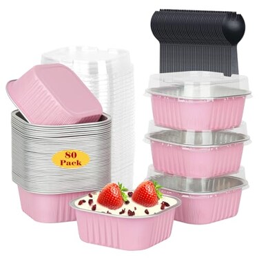 LNYZQUS 10oz80pack Mini Cake Foil Pans with Lids 4x4 Large Cupcake Pan Disposable RamekinsSmall Brownie Baking Cups Square Muffin Tin Cheesecake Containers HoldersPink