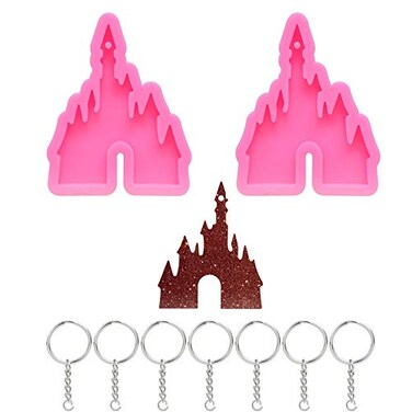 Wenplus 2 Pcs Castle Silicone Mold with Hole Castle Shaped Keychain Molds Chocolate Candy Cake Clay Baking Moulds and 10 Pieces Key Rings with Chain Castle