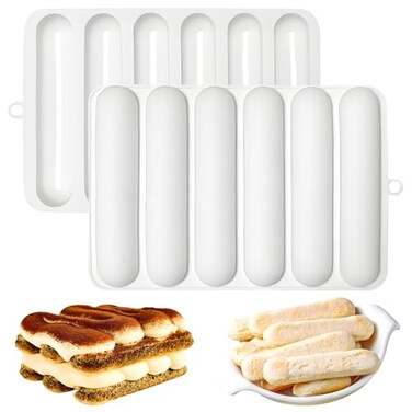 Fchil Silicone Eclair Mold 6Cavity Hot Dog Bun Pan Finger Biscuit Baking Tray for Chocolate Cracker Bar White Set of 2