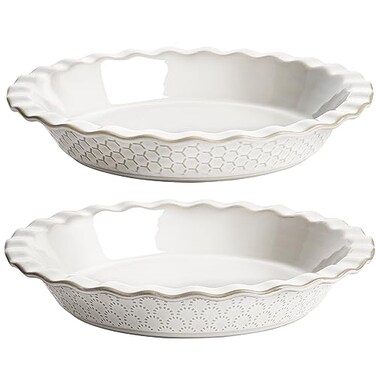 LE TAUCI Pie Pans for Baking 9 Inch Ceramic Pie Plate for Apple Pie Round Baking Dish Oven Safe Embossment Housewarming Wedding Present 36 OZ Set of 2 Fireworks Honey Comb Arctic White