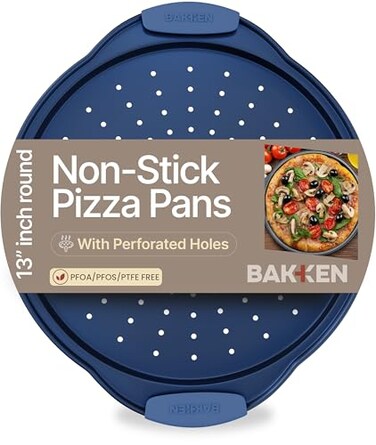 BAKKENMASTER Bakken Pizza Baking Pan Round Perforated Carbon Steel Pan with NonStick Marble Coating Oversized Silicone Handle Dishwasher Safe HighTemperature Resistant Durable Easy Cleanup Blue 1 Pack
