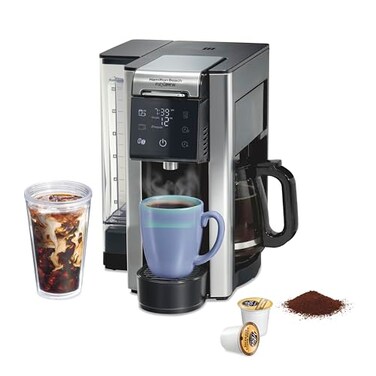 Hamilton Beach Flexbrew Advanced 5in1 Programmable 12 Cup Drip and Single Serve Hot Iced Coffee Maker with Movable 60 oz Reservoir Pod Packs and Grounds Fast Brewing Black