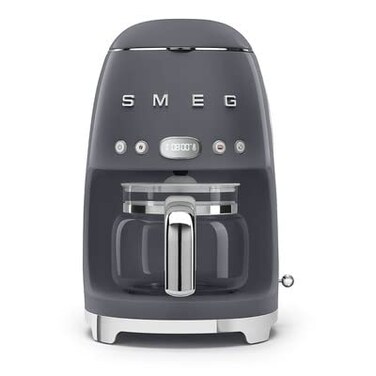 Smeg 50s Retro Style Aesthetic Drip Coffee Machine with 10 Cup Glass Carafe Auto Start Feature Keep Warm Plate and Two Coffee Strength Settings Grey