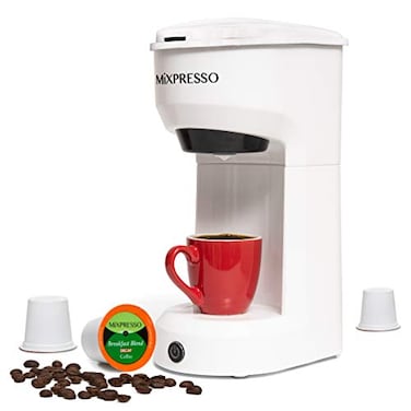 Mixpresso 2in1 Single Serve Coffee Maker KCup Ground Coffee Compatible Fast 23 Min Brewing Compact 14oz White Coffee Machine for Home Office