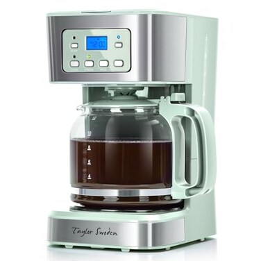 Taylor Swoden 12Cup Programmable Coffee Maker Regular Strong Brew Drip Coffee Machine for Home and Office Glass Carafe Pause Serve Auto Shut Off Green Stainless Steel