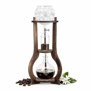 Nispira Iced Coffee Cold Brew Drip Tower Coffee Maker 68 Cup Manual Cold Brew Brewer with Adjustable Valve Wooden Frame Glassware Slow Cold Extraction System