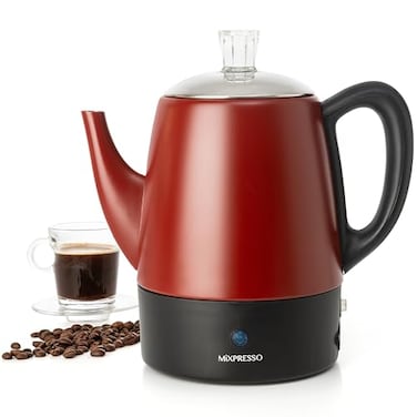 Mixpresso Red Small Electric Percolator Coffee Pot 4 Cup Stainless Steel Coffee Percolator Electric with Keep Warm Function Auto ShutOff for Safe Daily Brewing