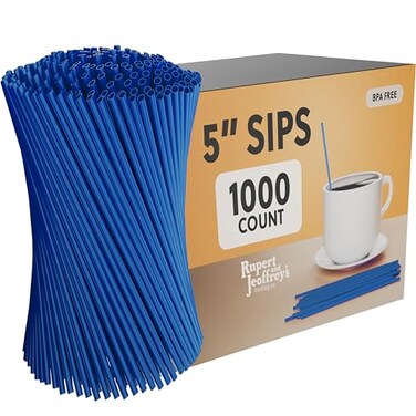 Rupert and Disposable Plastic Coffee Stirrer Straw 5 Inch Sip Stir Stick Blue 1000