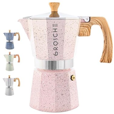 GROSCHE Milano Moka pot Stovetop Espresso maker Greca Coffee Maker Stovetop coffee maker and espresso maker percolator Pink 6 cup