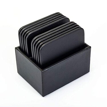 Dacasso A1043 Leather 10 Square Coaster Set with Holder Black