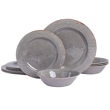 Gibson Home Mauna Melamine Plastic Dinnerware Set Service for 4 12pcs Grey Rustic