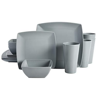Gibson Home Soho Grayson Square Melamine Plastic Dinnerware Set Service for Four 16pcs Grey