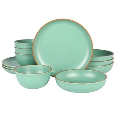 Gibson Home Rockabye 12 Piece Double Bowl Melamine Plastic Dinnerware Set Matte Green