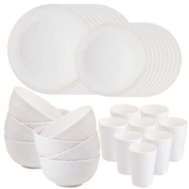 supernal Supernal 32pcs Wheat Straw Dinnerware Sets White Dishes for 8 Plates and Bowls Sets Reusable Plastic Plates Microwave Dishwasher Safe White Plastic Dinnerware Set