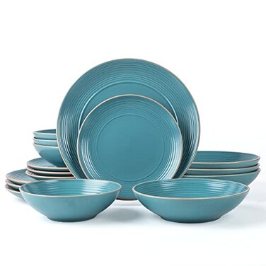 Arora RINGAR Round Stoneware 16pc Double Bowl Dinnerware Set for 4 Dinner Plates Side Plates Cereal Bowls Pasta Bowls Speckle Matte Turquoise 428525