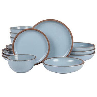 Gibson Elite Lagos 16 Piece Double Bowl Dinnerware Set Light Blue Service for 4 16pcs