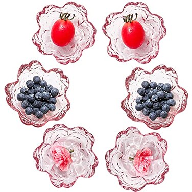 Halyuhn 6 Pack Mini Pink Bowls for Charcuterie Board 3Width Tiny Stackable Soy Sauce Dish Clear Glass Flower Shaped Snack Dip Bowl With Wavy Edge for Dessert Prep Seasoning