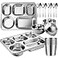 Potchen 20 Pcs Stainless Steel Plates Bowls Cups Spoons Forks 304 Stainless Steel Dinnerware Set Divided Plates Dinner Tray for Home Kitchen Restaurant