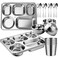 Potchen 20 Pcs Stainless Steel Plates Bowls Cups Spoons Forks 304 Stainless Steel Dinnerware Set Divided Plates Dinner Tray for Home Kitchen Restaurant
