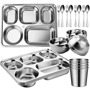 Potchen 20 Pcs Stainless Steel Plates Bowls Cups Spoons Forks 304 Stainless Steel Dinnerware Set Divided Plates Dinner Tray for Home Kitchen Restaurant