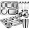 Potchen 20 Pcs Stainless Steel Plates Bowls Cups Spoons Forks 304 Stainless Steel Dinnerware Set Divided Plates Dinner Tray for Home Kitchen Restaurant