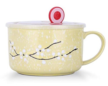 VanEnjoy 30oz Ceramic Bowl Set with Lid HandleCherry Blossoms Among Snow Flake PatternMicrowave for Instant Noodle Sara Cereal Bowl Yellow