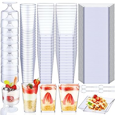 Tanlade 250 Pcs Mini Dessert Cups with Spoons Clear Plastic Plates 5 oz and 3 oz Square Parfait Appetizer Cups for Parties Round Shooter Disposable Dessert Containers for Serving Pudding Mousse