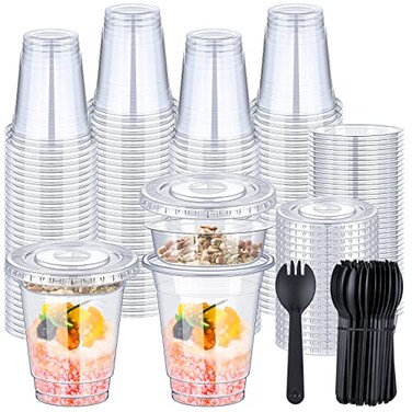 WILLBOND 100 Sets 12oz Clear Plastic Parfait Cups with Flat Lids Insert Yogurt Fruit Veggie and Dip Cups with Spoons