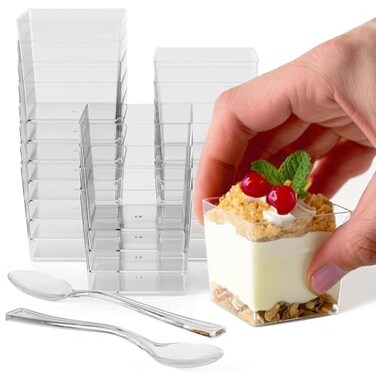 Exquisite Mini Dessert Cups with Spoons 200 pcs 31 Oz Square Plastic Dessert Cups Disposable with Tasting Spoons 100 sets Mini Parfait Cup Appetizer Cup for Party