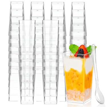 Zezzxu 3 oz Square Mini Dessert Cups with Spoons 50 Pack Plastic Pudding Parfait Cups Party Dessert Shooters for Serving Trifle Mousse Cake Appetizers