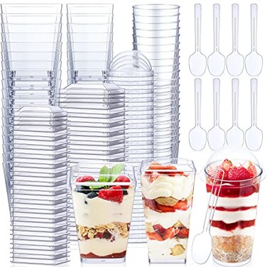Jerify 150 Pack Plastic Dessert Cups with Lids and Spoons 3 oz Mini Dessert Cups with Spoons 54 oz Square Clear Dessert Shooter Cups Parfait Appetizer Cups Disposable Small Mousse Container for Party