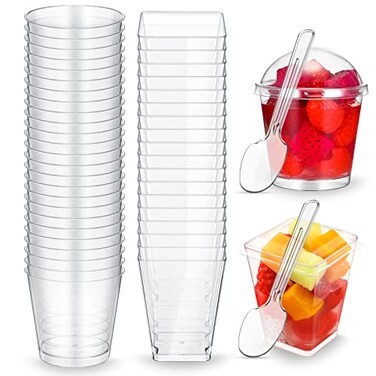 Eaasty 100 Sets Dessert Cups with Lids and Spoons Plastic Yogurt Parfait Appetizer Shooter Cups Round and Square Mini Containers for Pudding Fruit and Ice Cream5 oz