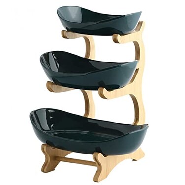 XUDREZ 3 Tier Fruit Basket for Kitchen Counter 118613 Ceramic Fruit Bowl for Kitchen Counter Large Capacity Fruit Bowl Set with Holder Bamboo Fruit Serving Tray Green