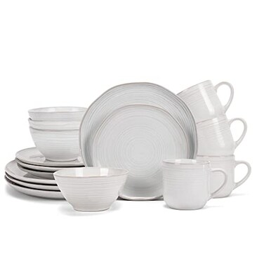 Elanze Designs Reactive Glaze Farmhouse Rustic Boho Ceramic Stoneware Dinnerware 16 Piece Plate Bowl Mug Dish Set Service for 4 Classic White