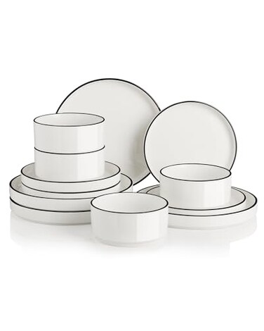 Sweejar Porcelain Dinnerware Sets for 4 12 Pieces Ceramic Plates and Bowls Set Classic Modern Simple Kitchen Dinner Dining Ware Set Dishwasher and Microwave Safe Dishes SetsPure WhiteBlack Rim