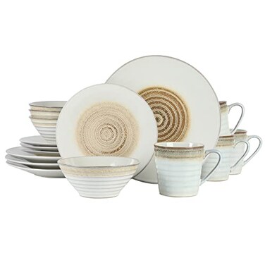 Gibson Elite Spiral 16 Piece Reactive Embossed Dinnerware Set Taupe