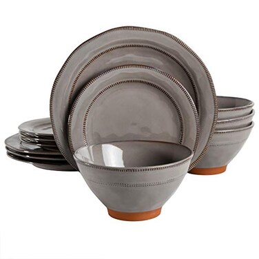 Gibson Elite Terranea Round Reactive Glaze Terra Cotta Dinnerware Set Service for Four 12pcs Grey
