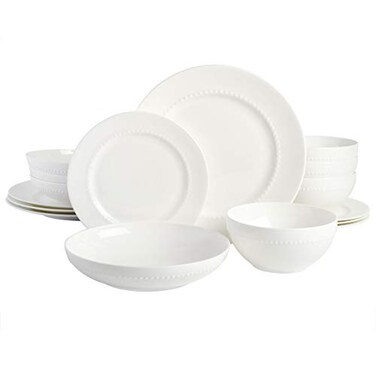 Gibson Elite Embossed Bone China 16Piece Double Bowl Dinnerware Set Service for 4 White Elegant Plates and Bowls