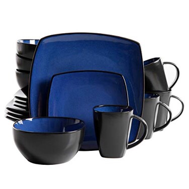 Gibson Elite Soho Lounge Square Reactive Glaze Stoneware Dinnerware Set Service for 4 16pc Sapphire