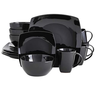 Gibson Elite Soho Lounge Square Reactive Glaze Stoneware Dinnerware Set Service for 4 16pc Black